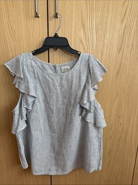 J. Crew Striped Ruffle Sleeve Blouse in Blue and White Linen and Cotton Blend